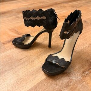 Via Spiga Black Woven Ankle-Strap High Heel Sandals